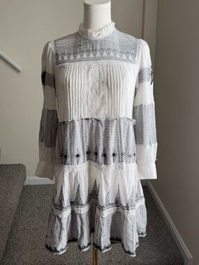 Zara Embroidered Tiered Long Sleeve White & Black Gauze Mini Dress Button Cuff